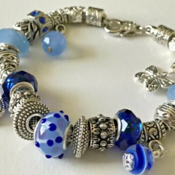 European Style Silver Plated Charm Bracelet with Beads, Lobster Closure, 9" Long - Picture 12 of 12